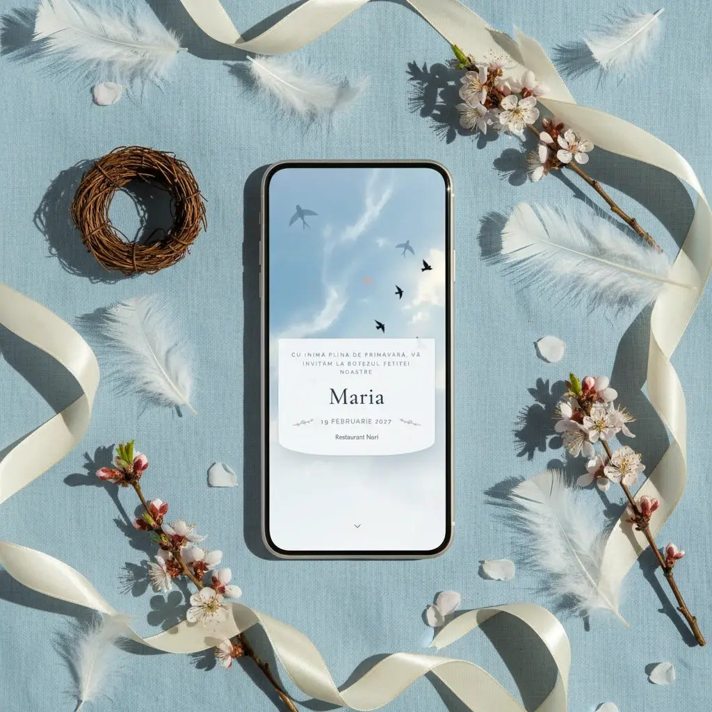 Invitație botez digitală model Rândunică cu RSVP