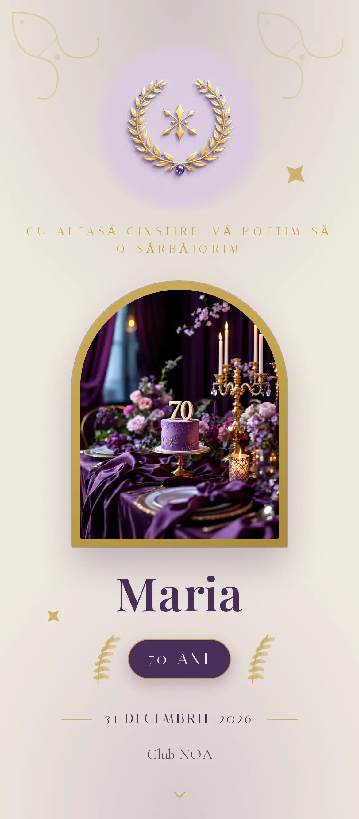 Invitație digitală de aniversare de 70 de ani cu blazon auriu și nuanțe regale de ametist