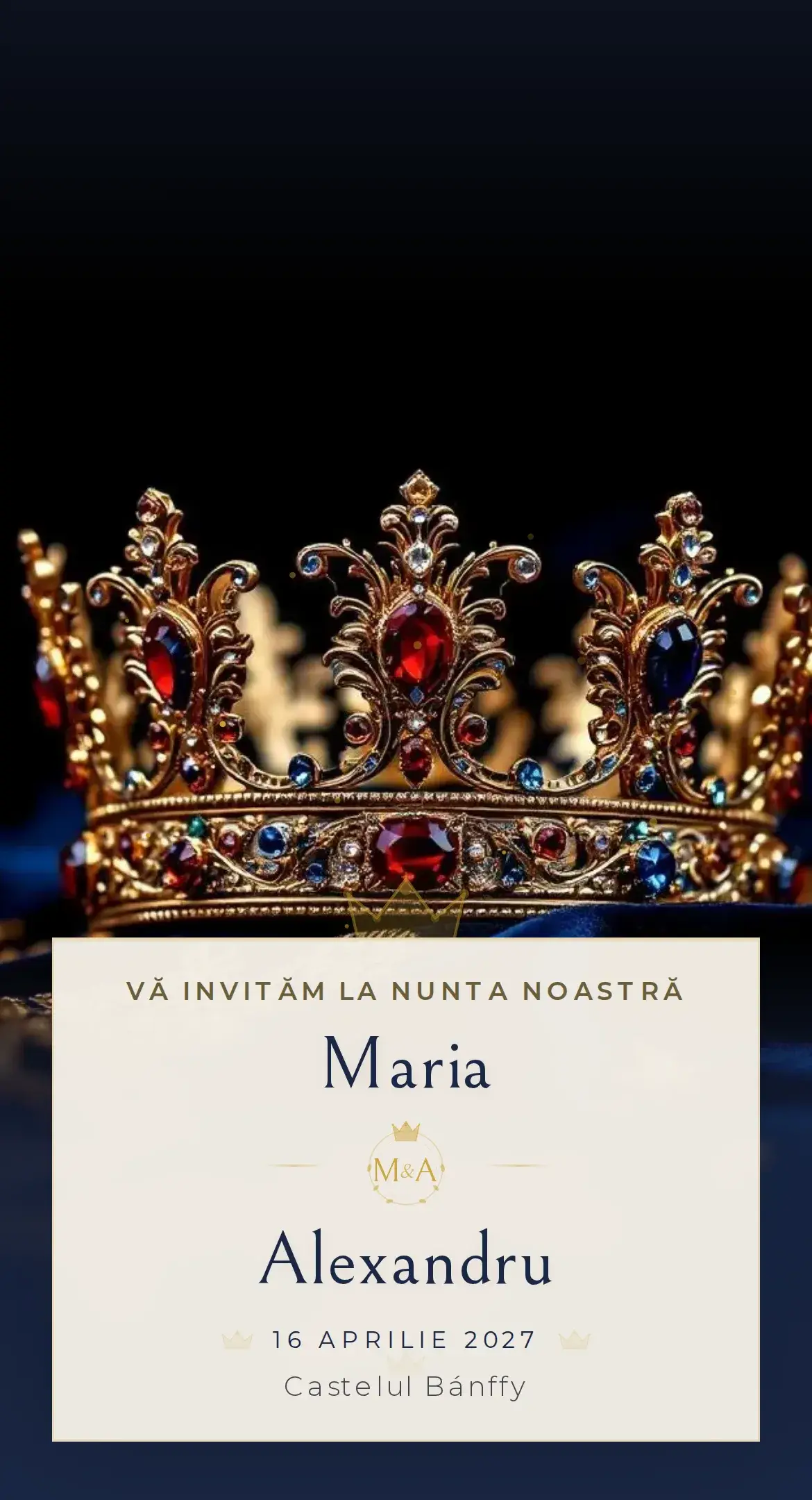 Invitație digitală de nuntă regală în bleumarin cu accente aurii