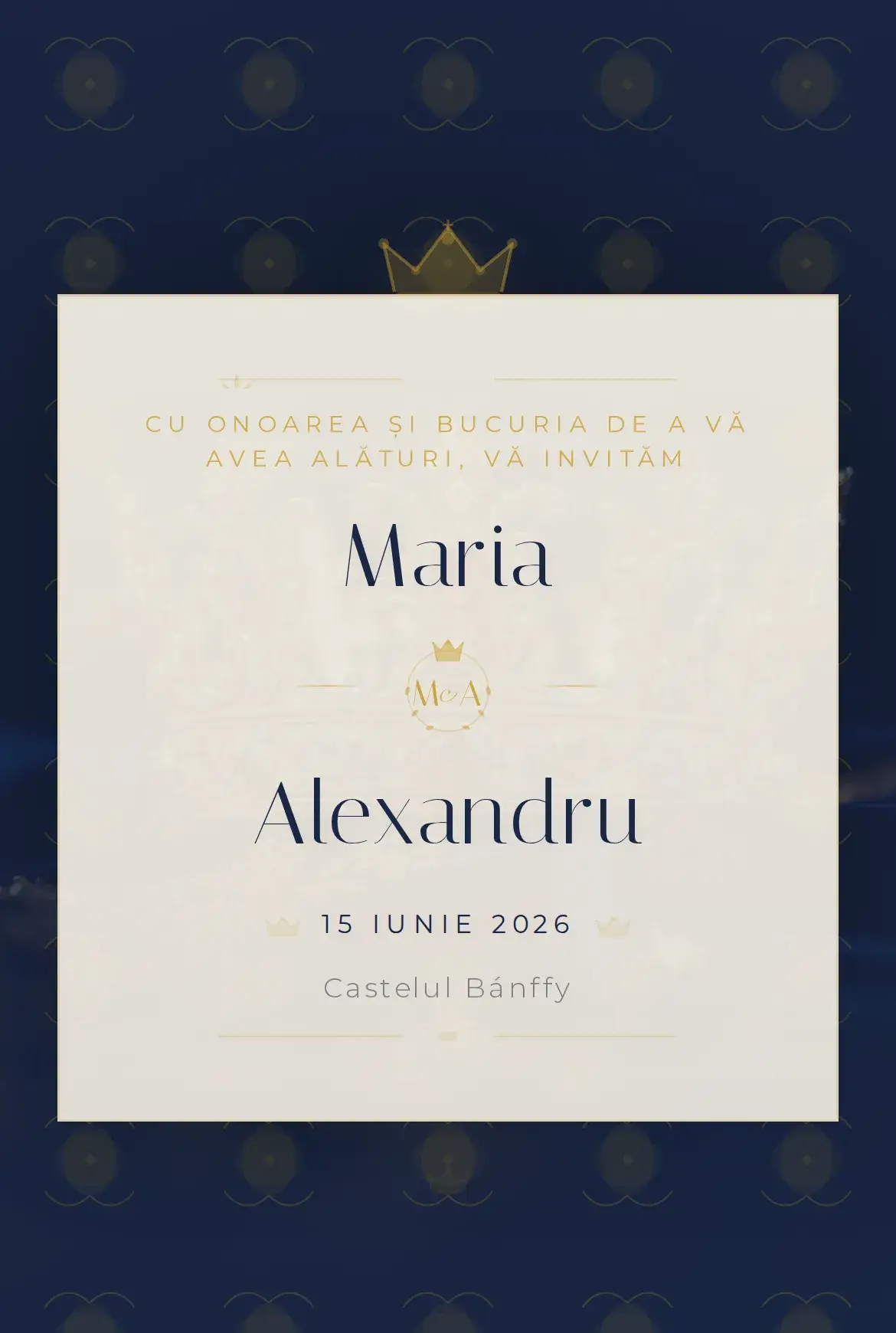 Invitație digitală de nuntă regală în bleumarin cu accente aurii