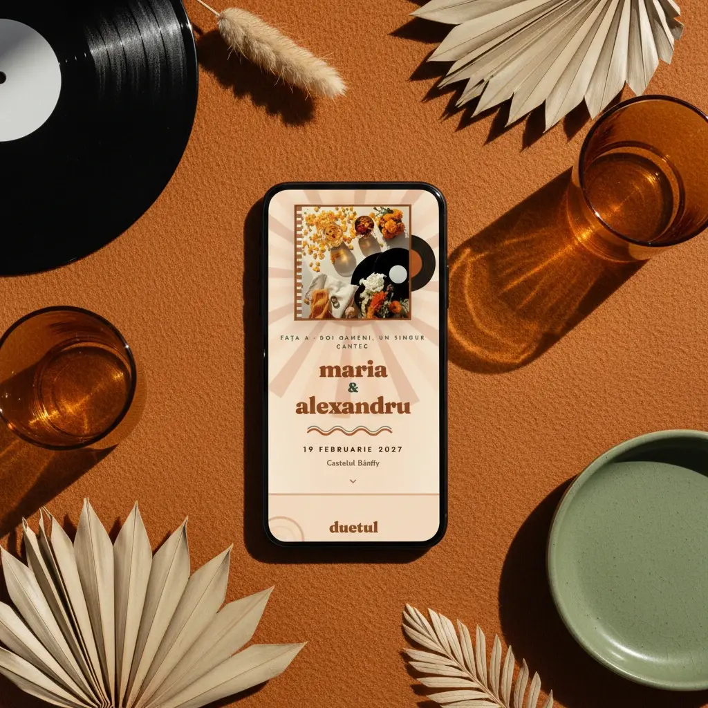 Invitație nuntă digitală model Retro cu RSVP