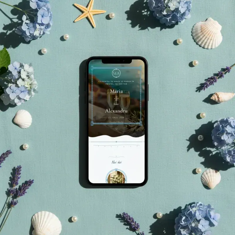 Invitație nuntă digitală model Riviera cu RSVP