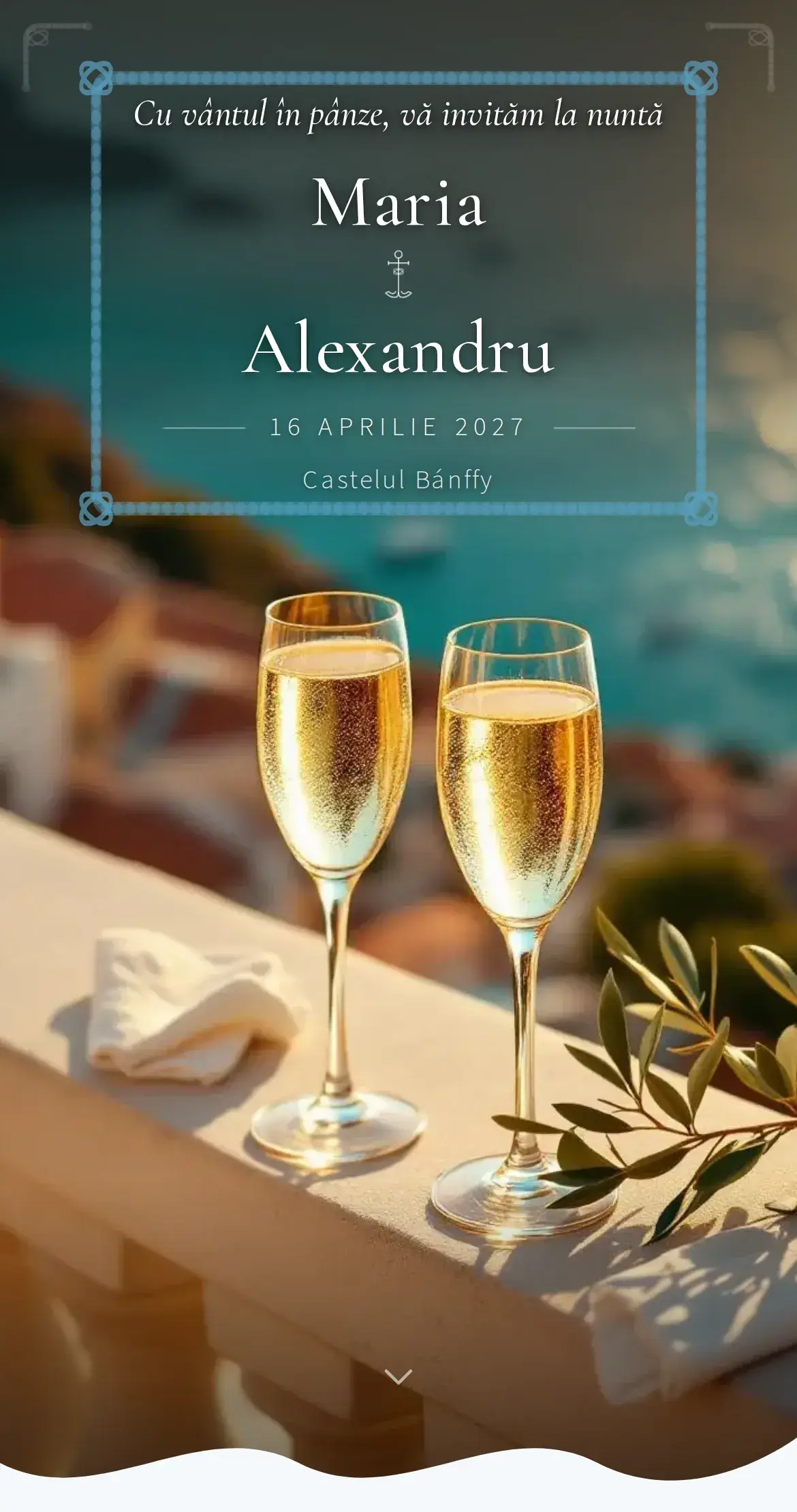 Invitație digitală de nuntă cu aer de Riviera în nuanțe de azur