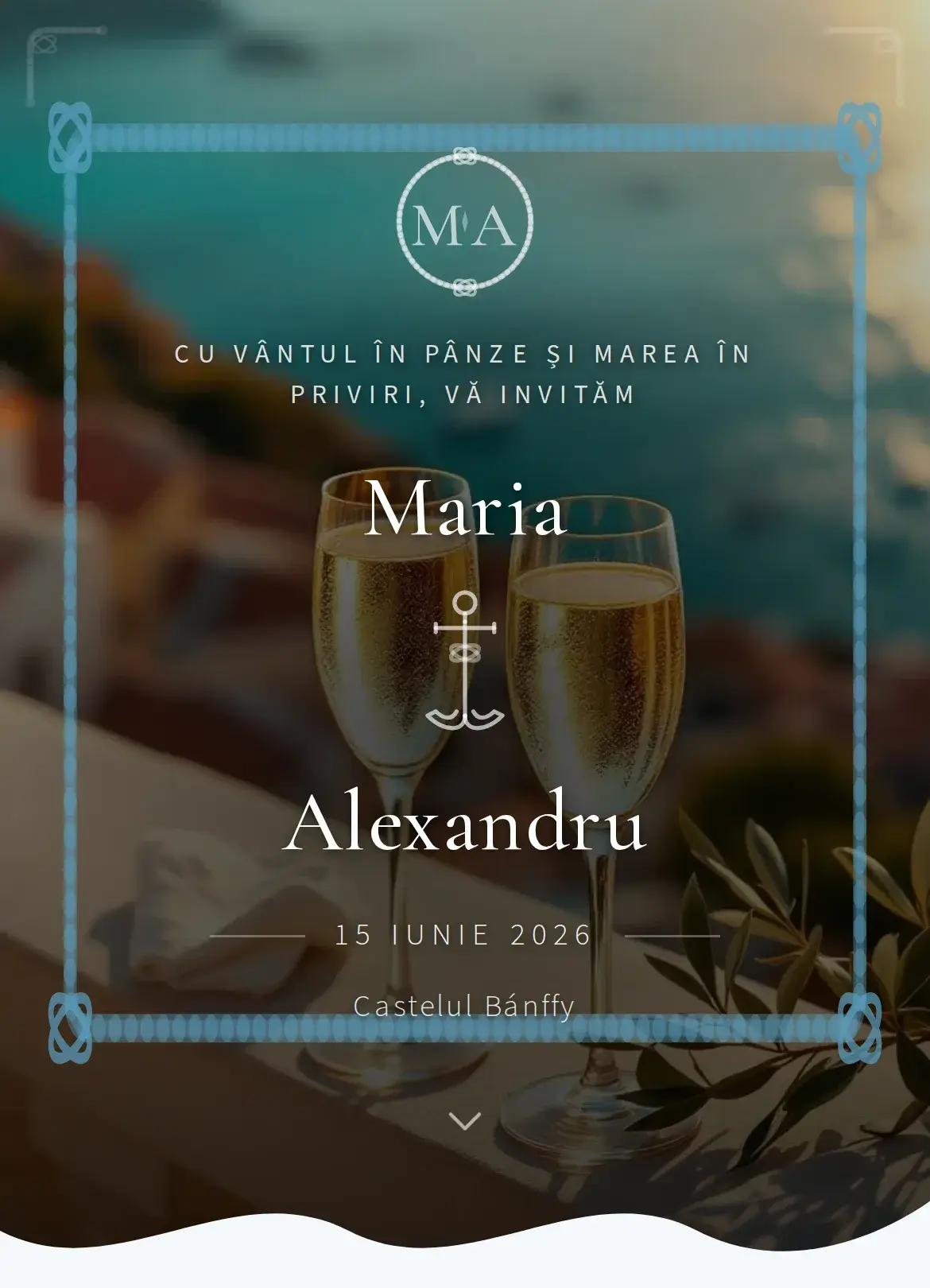 Invitație digitală de nuntă cu aer de Riviera în nuanțe de azur