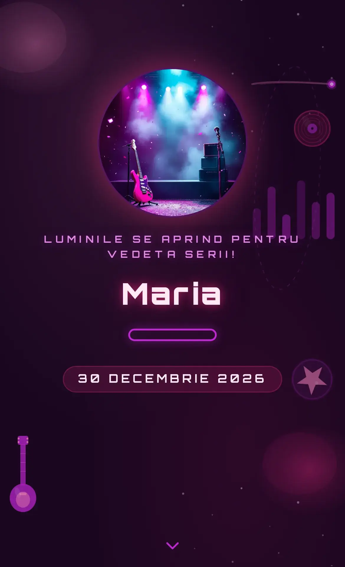 Invitație digitală de aniversare cu temă rock star, chitară electrică roz și scenă de concert cu reflectoare