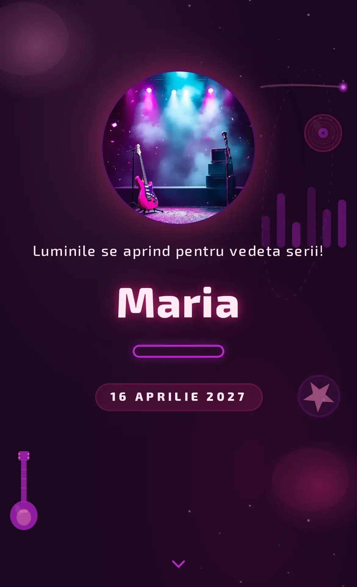 Invitație digitală de aniversare cu temă rock star, chitară electrică roz și scenă de concert cu reflectoare