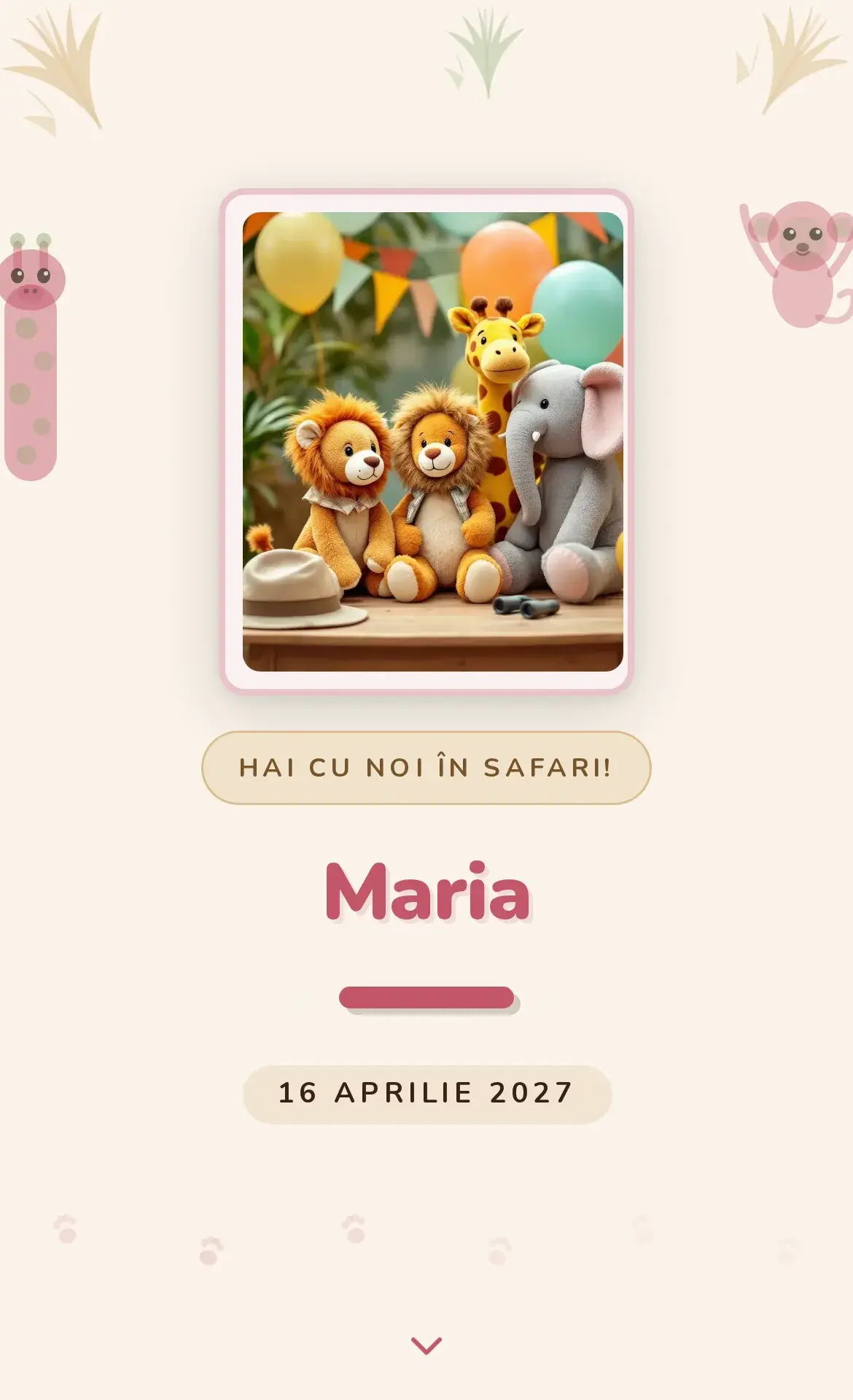Invitație digitală de aniversare cu temă safari și animale din savană
