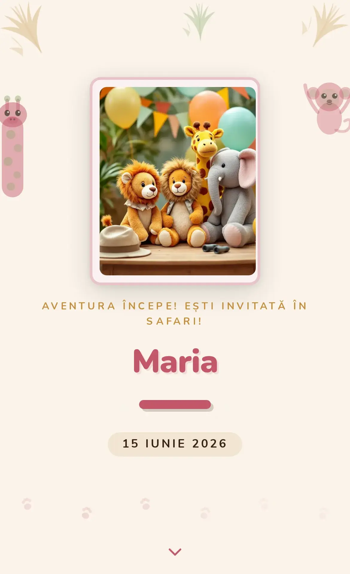 Invitație digitală de aniversare cu temă safari și animale din savană