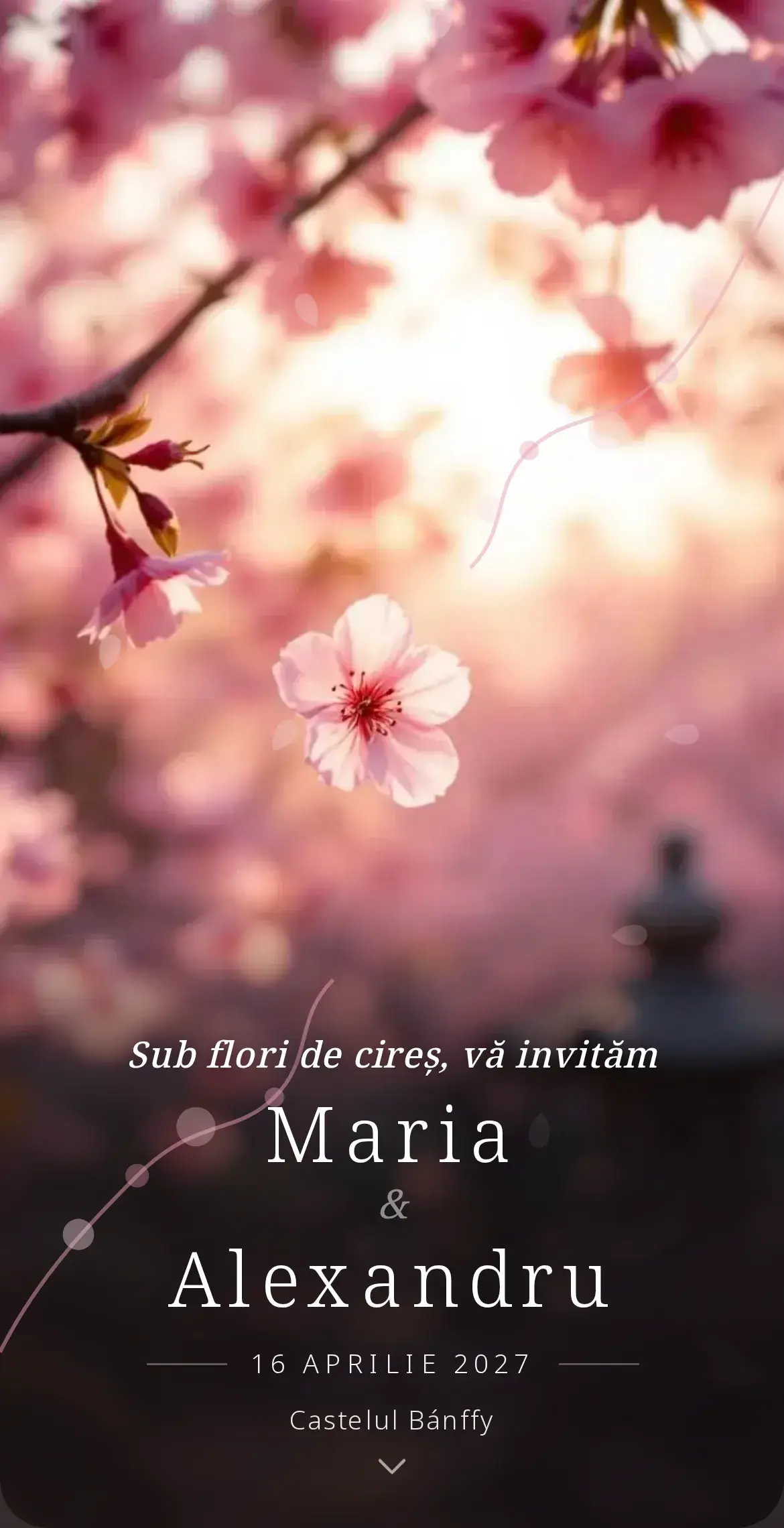 Invitație digitală de nuntă cu flori de cireș sakura în roz delicat
