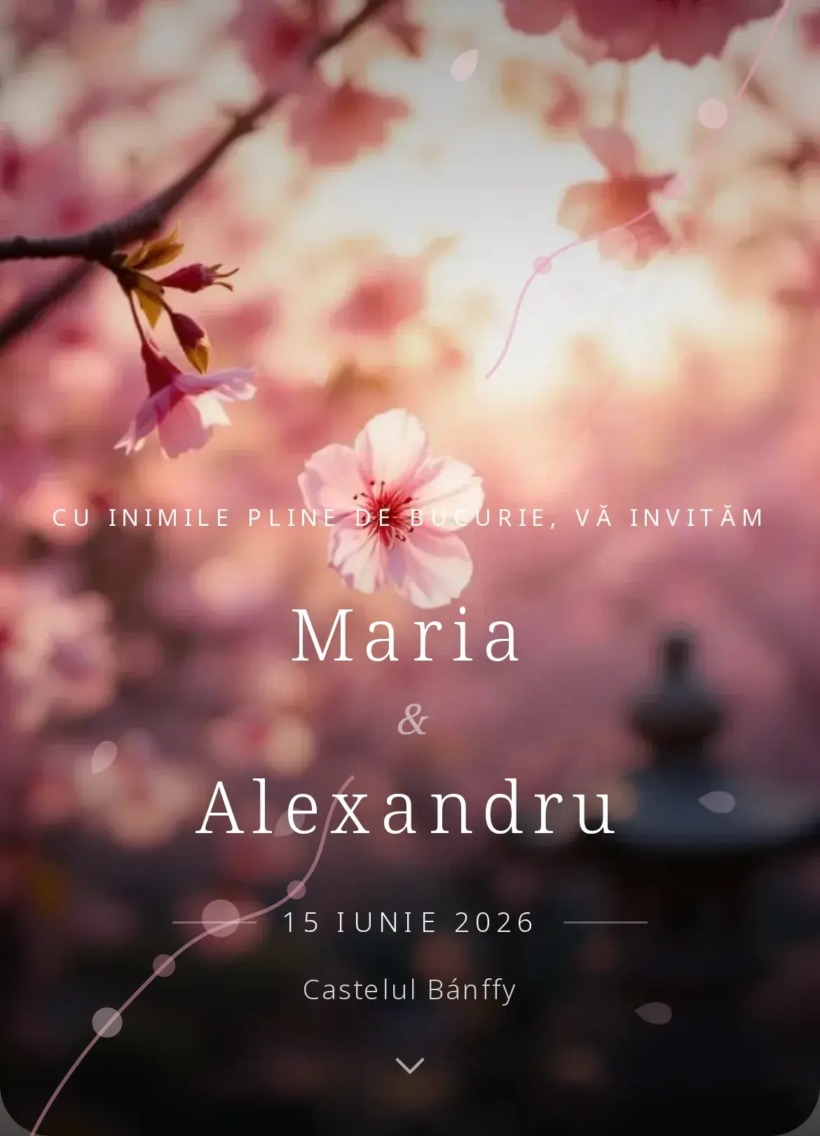 Invitație digitală de nuntă cu flori de cireș sakura în roz delicat