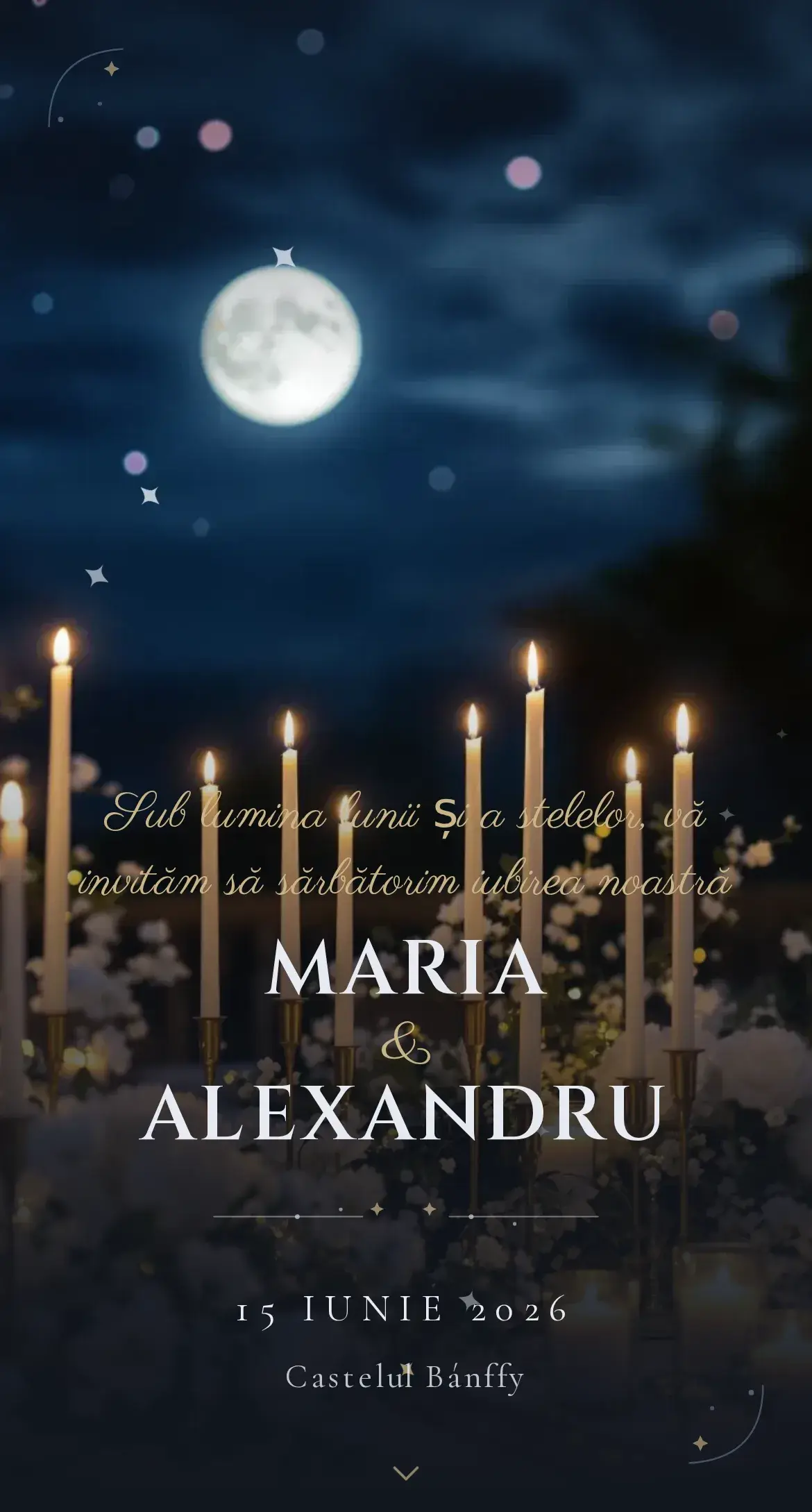 Invitație digitală de nuntă cu lună și atmosferă de noapte elegantă