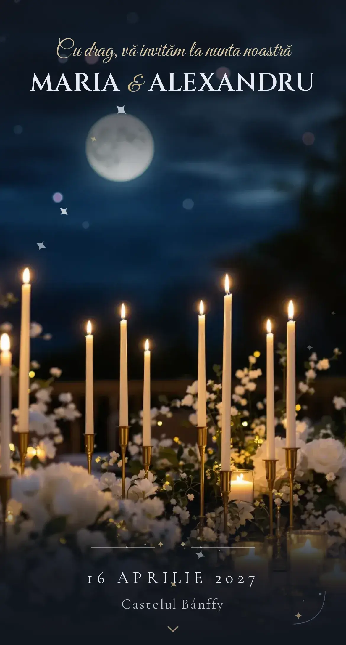 Invitație digitală de nuntă cu lună și atmosferă de noapte elegantă
