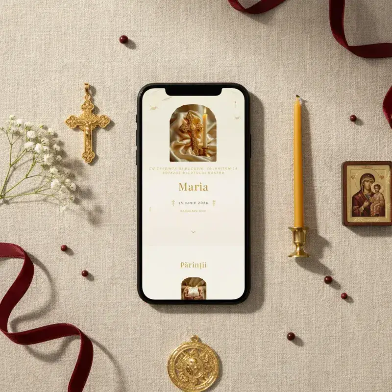 Invitație botez digitală model Serafim cu RSVP