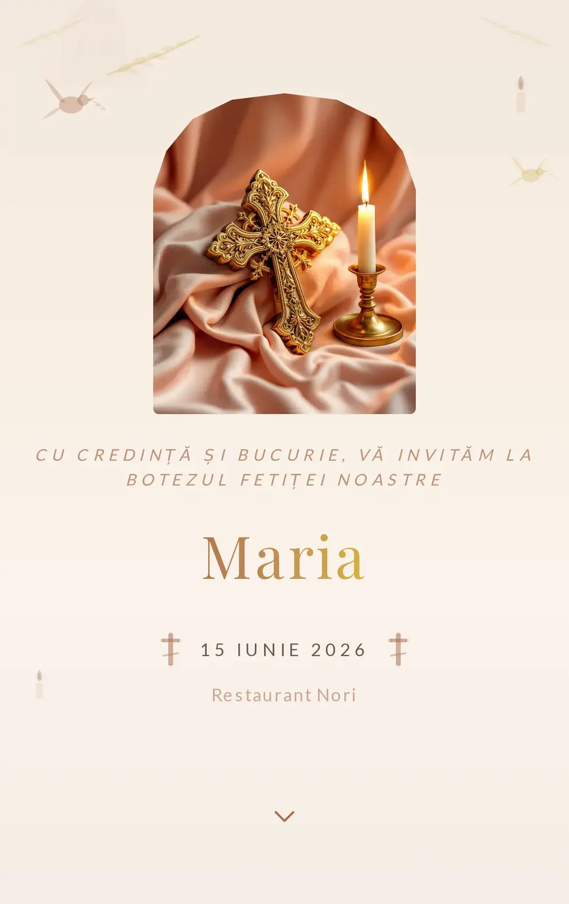 Invitație digitală de botez cu temă de înger serafim și lumânare aprinsă