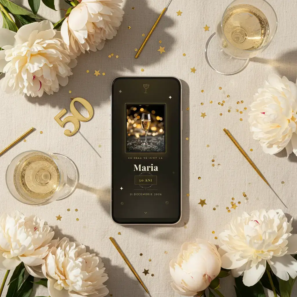 Invitație aniversare digitală model Serbare cu RSVP