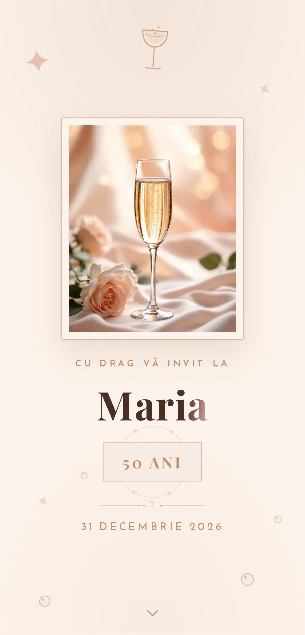 Invitație digitală de aniversare pentru 50 de ani cu pahar de șampanie și accente aurii