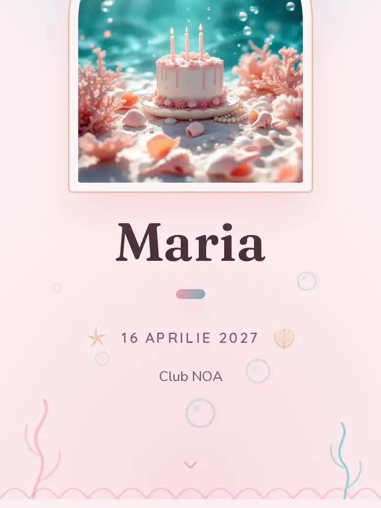 Invitație aniversare digitală model Sirena cu RSVP