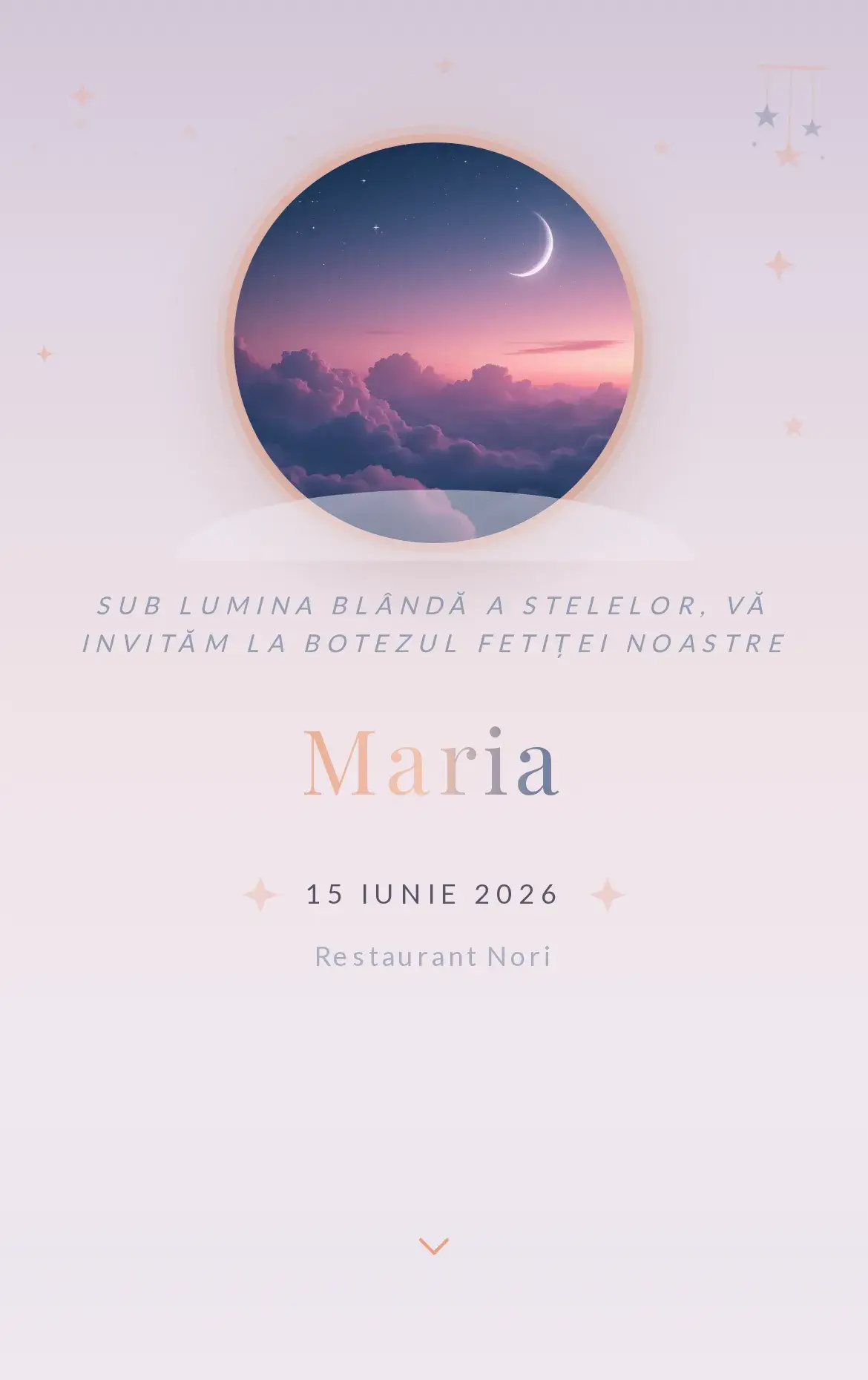 Invitație digitală de botez cu steluțe delicate în nuanțe de zori