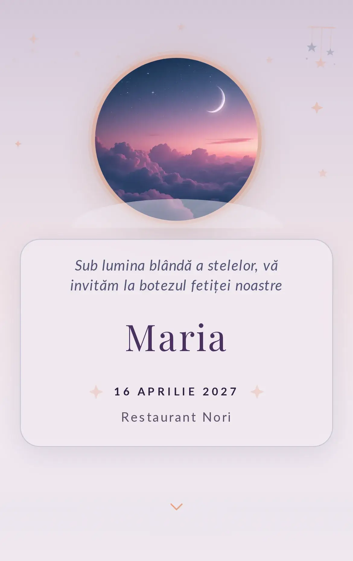 Invitație digitală de botez cu steluțe delicate în nuanțe de zori