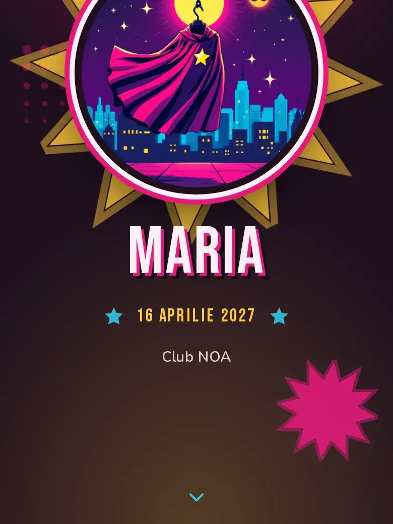 Invitație aniversare digitală model Supererou cu RSVP