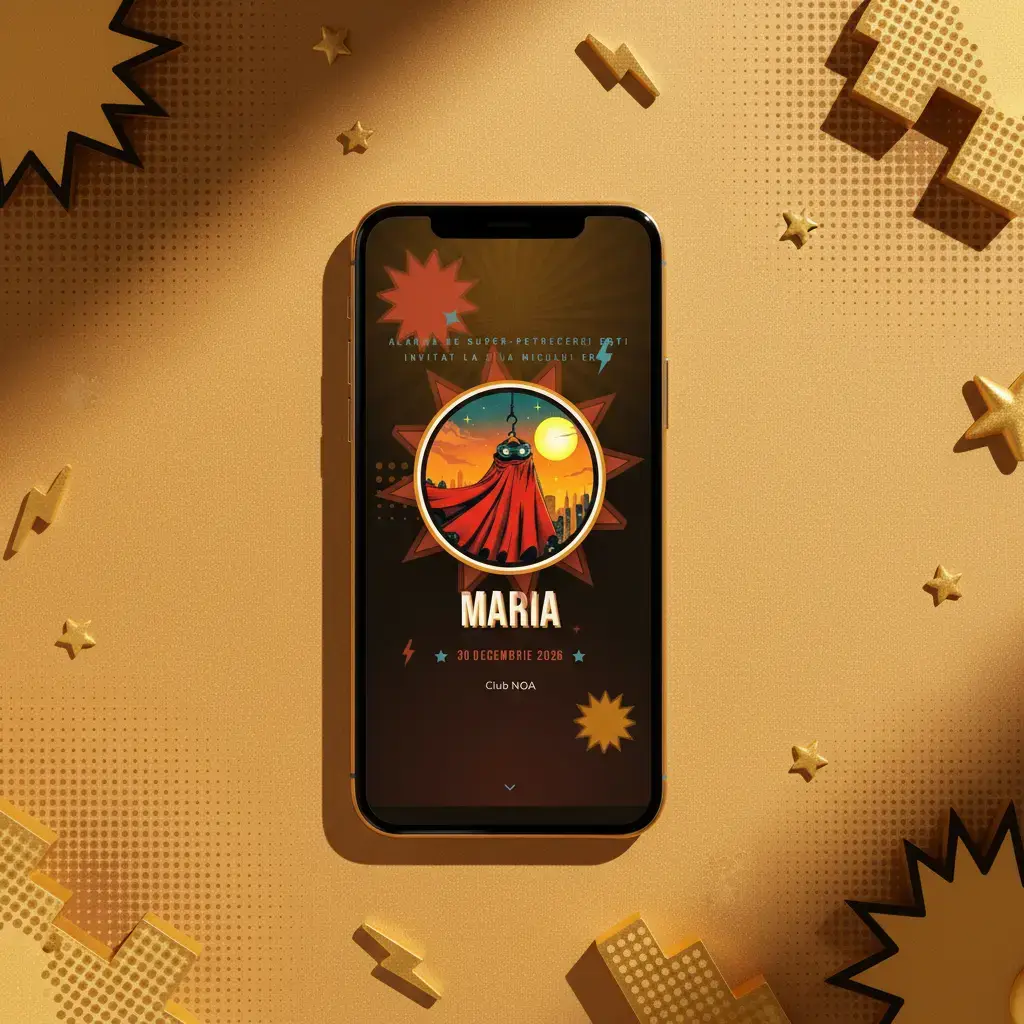 Invitație aniversare digitală model Supererou cu RSVP
