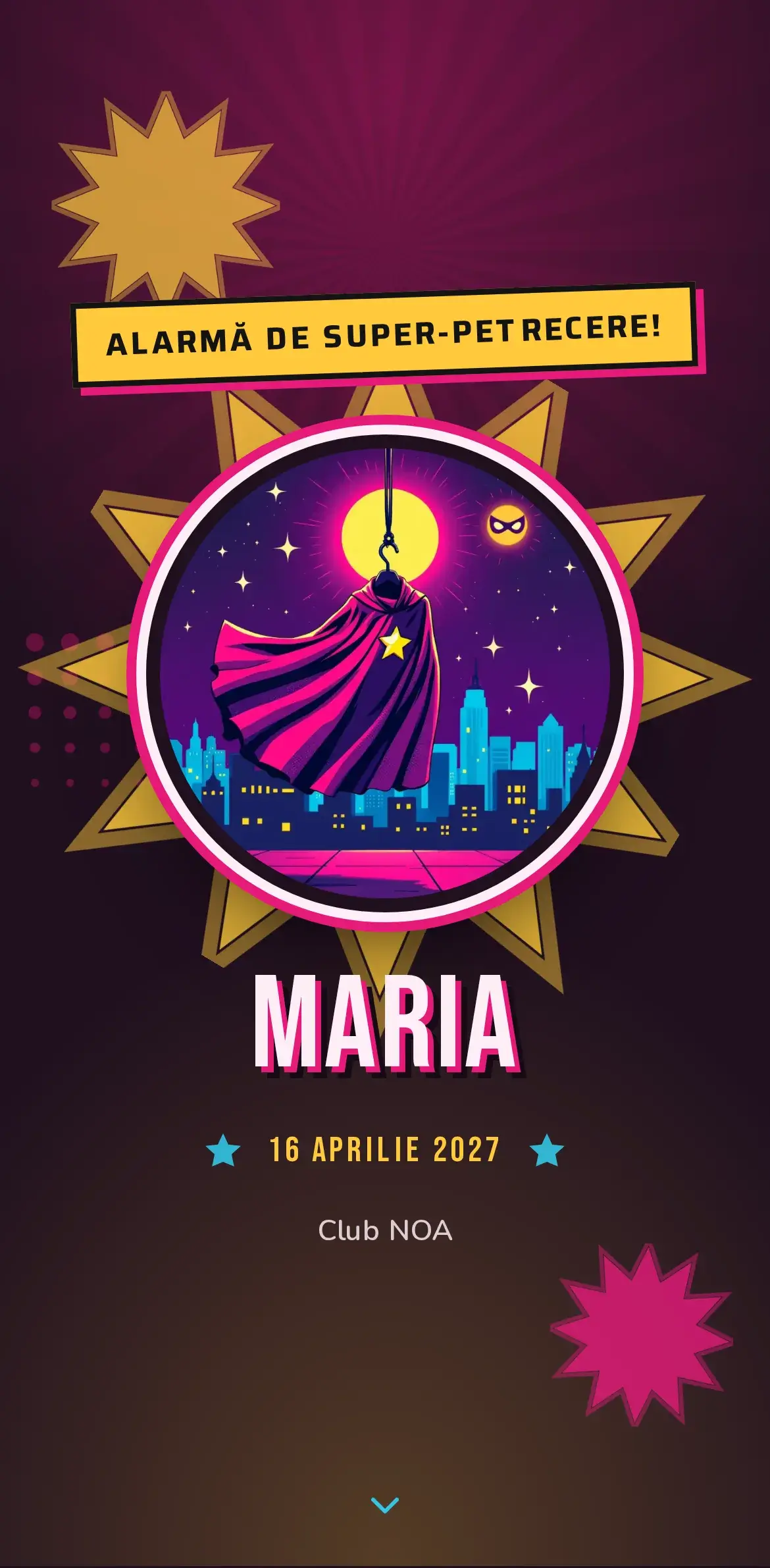 Invitație aniversare cu temă de supererou, pelerină eroică și stea pe un cer de oraș