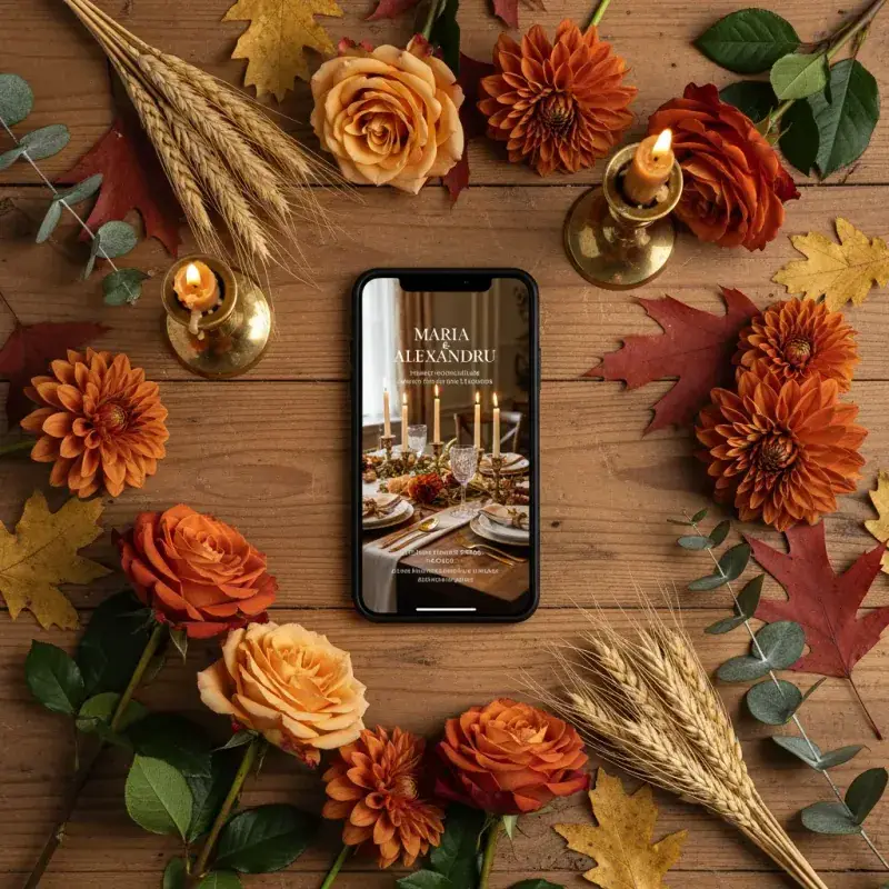 Invitație nuntă digitală model Toamnă cu RSVP