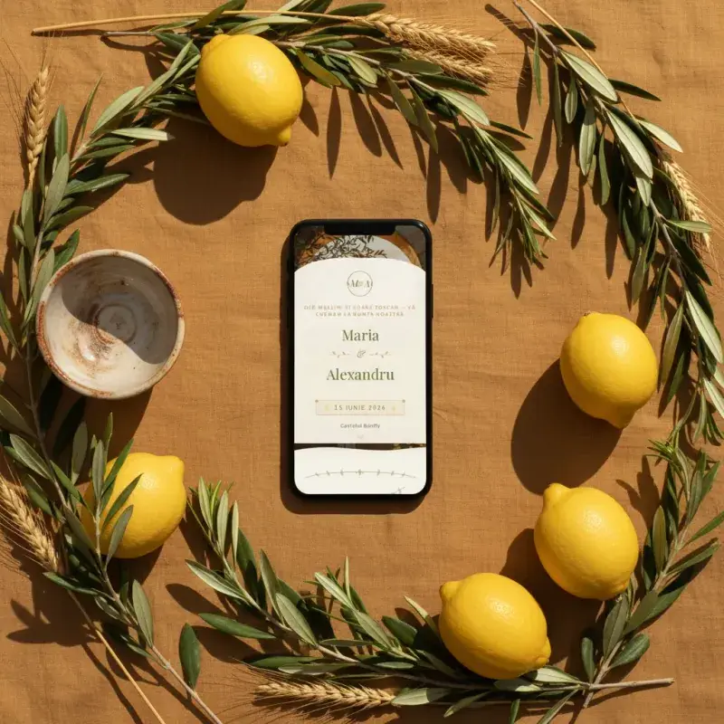 Invitație nuntă digitală model Toscana cu RSVP