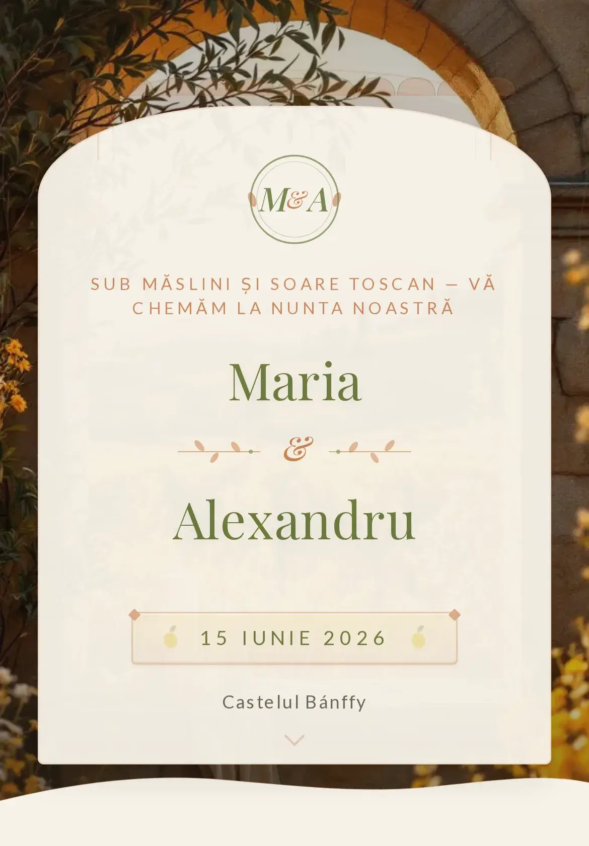 Invitație digitală de nuntă cu aer de Toscana în nuanțe de măsliniu