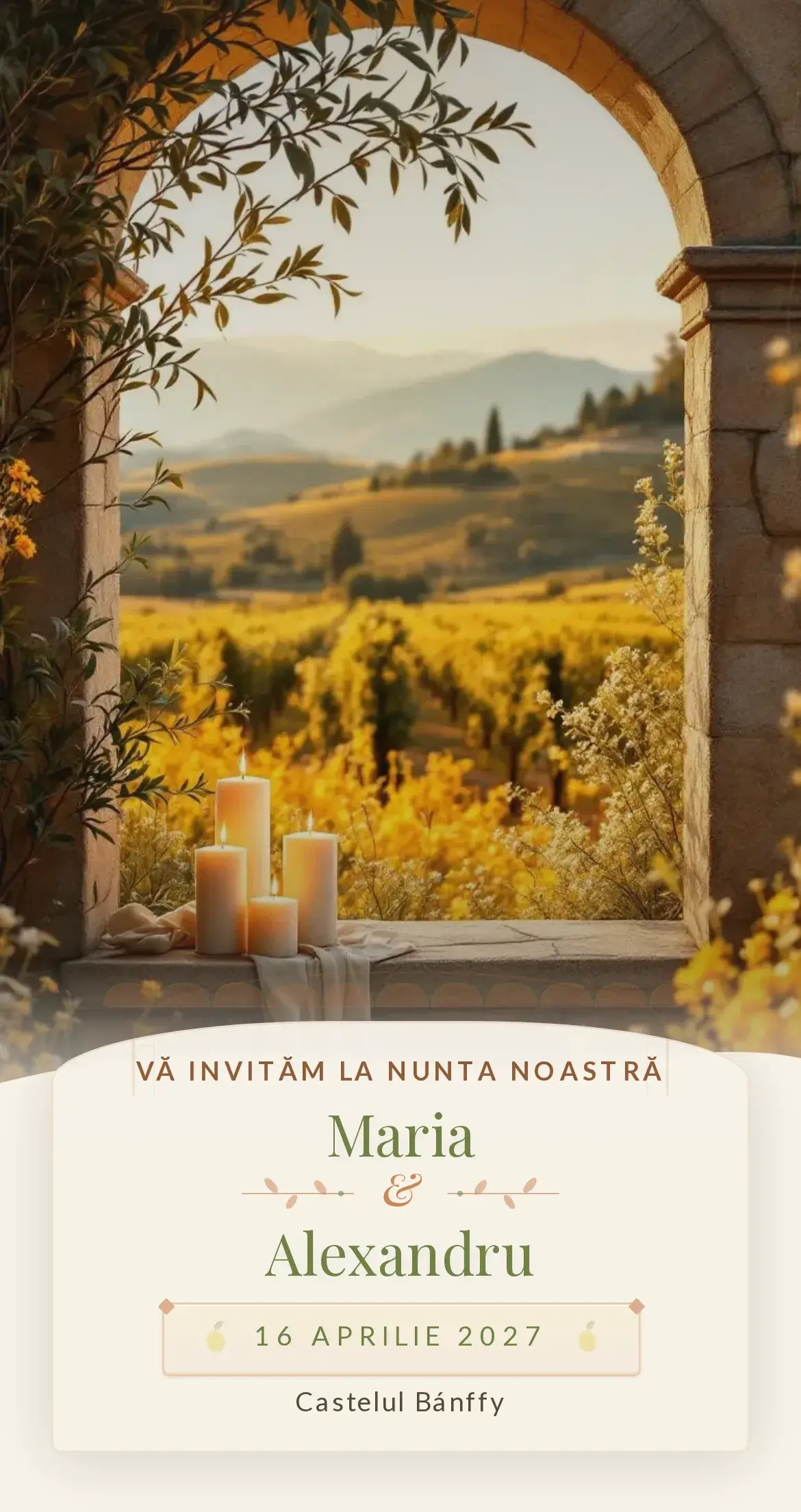 Invitație digitală de nuntă cu aer de Toscana în nuanțe de măsliniu