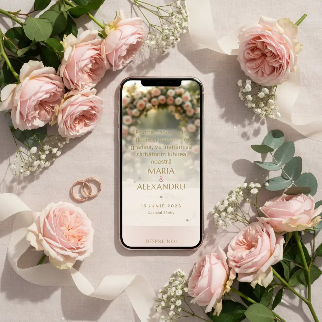 Invitație nuntă digitală model Trandafir cu RSVP