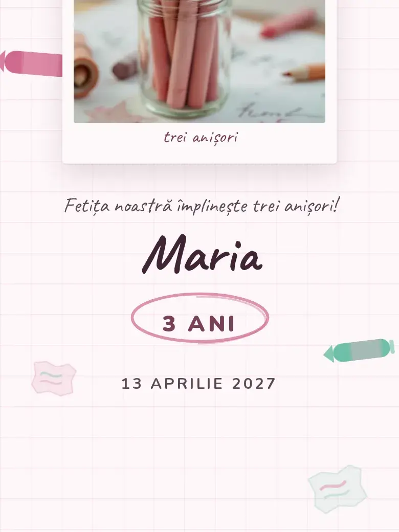 Invitație aniversare digitală model Trei anișori cu RSVP