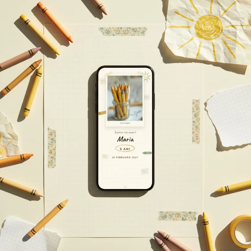 Invitație aniversare digitală model Trei anișori cu RSVP