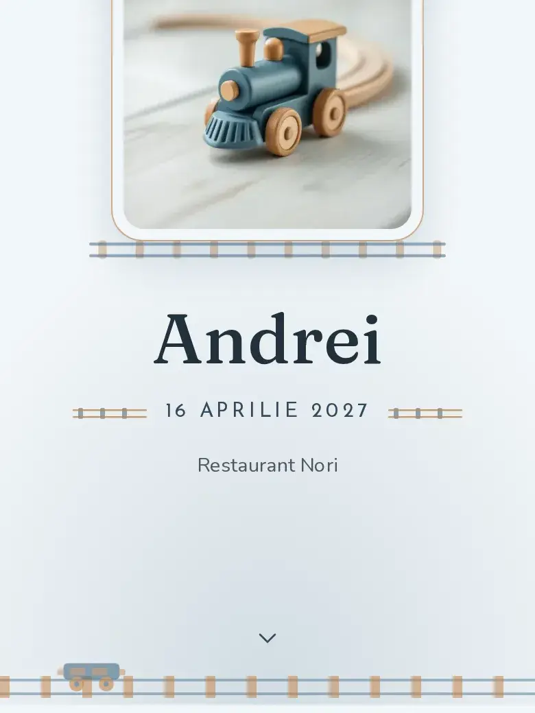 Invitație botez digitală model Trenuleț cu RSVP