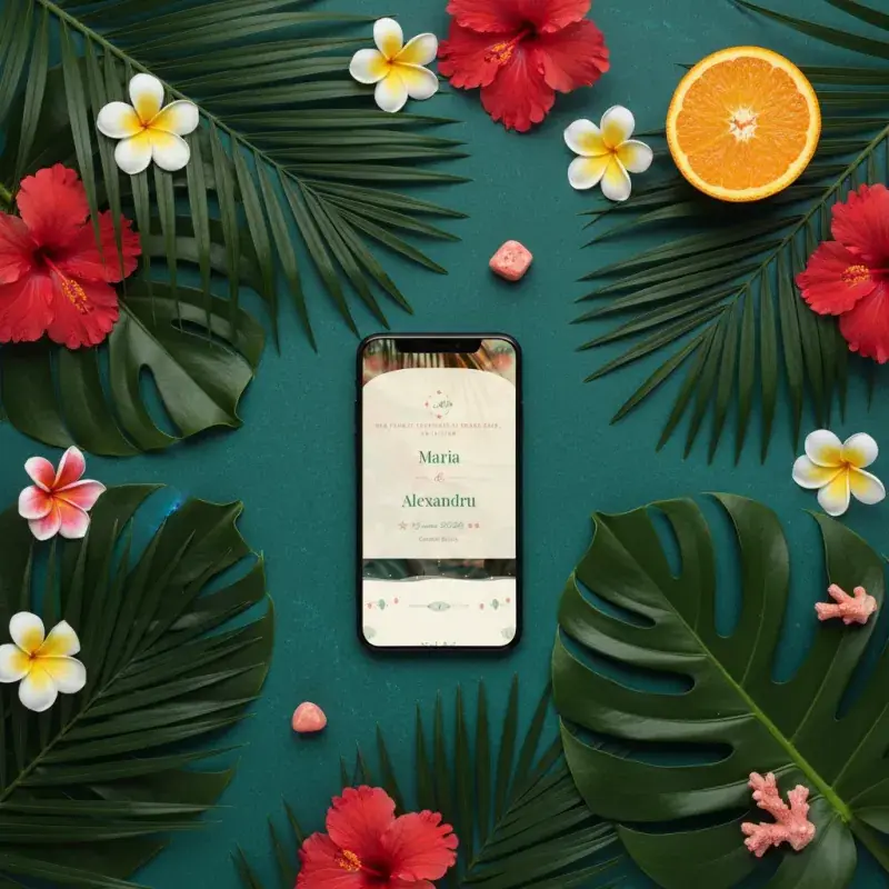 Invitație nuntă digitală model Tropicana cu RSVP