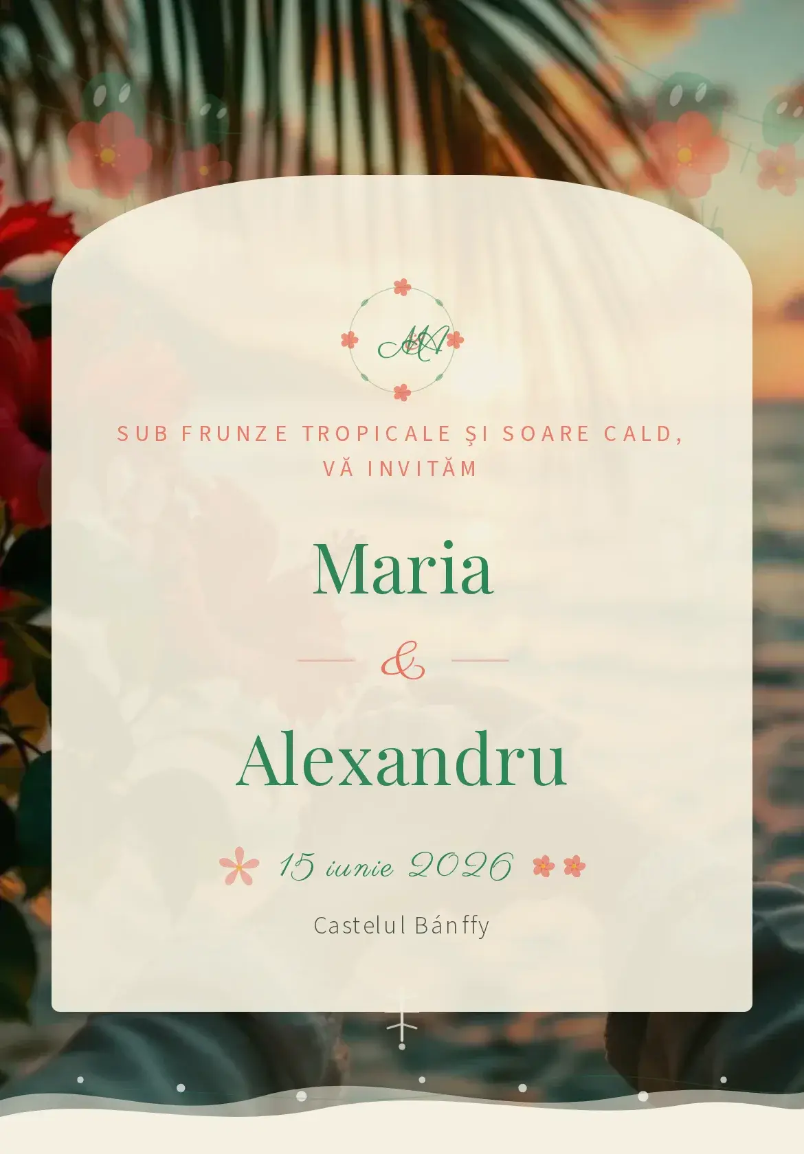 Invitație digitală de nuntă tropicală cu frunziș exotic de junglă