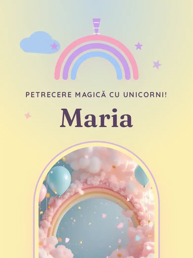 Invitație aniversare digitală model Unicorn cu RSVP
