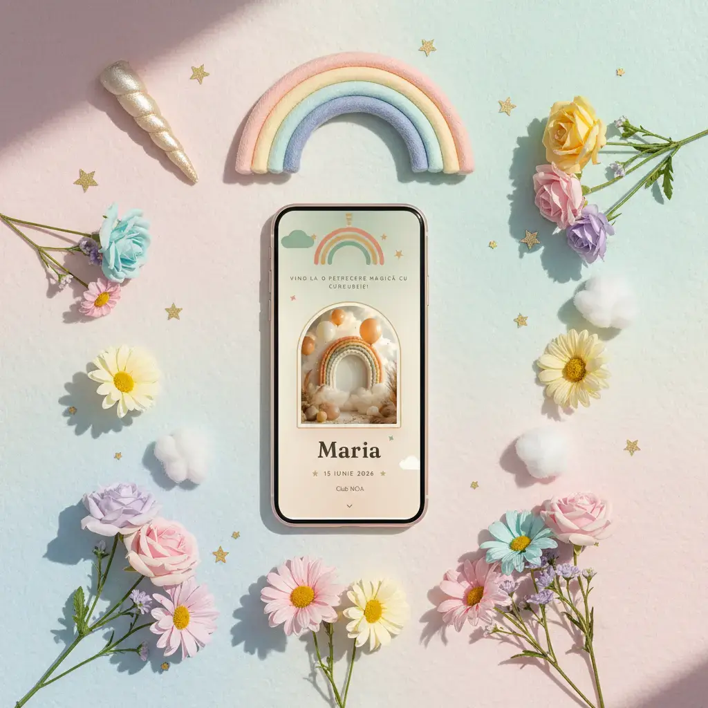 Invitație aniversare digitală model Unicorn cu RSVP