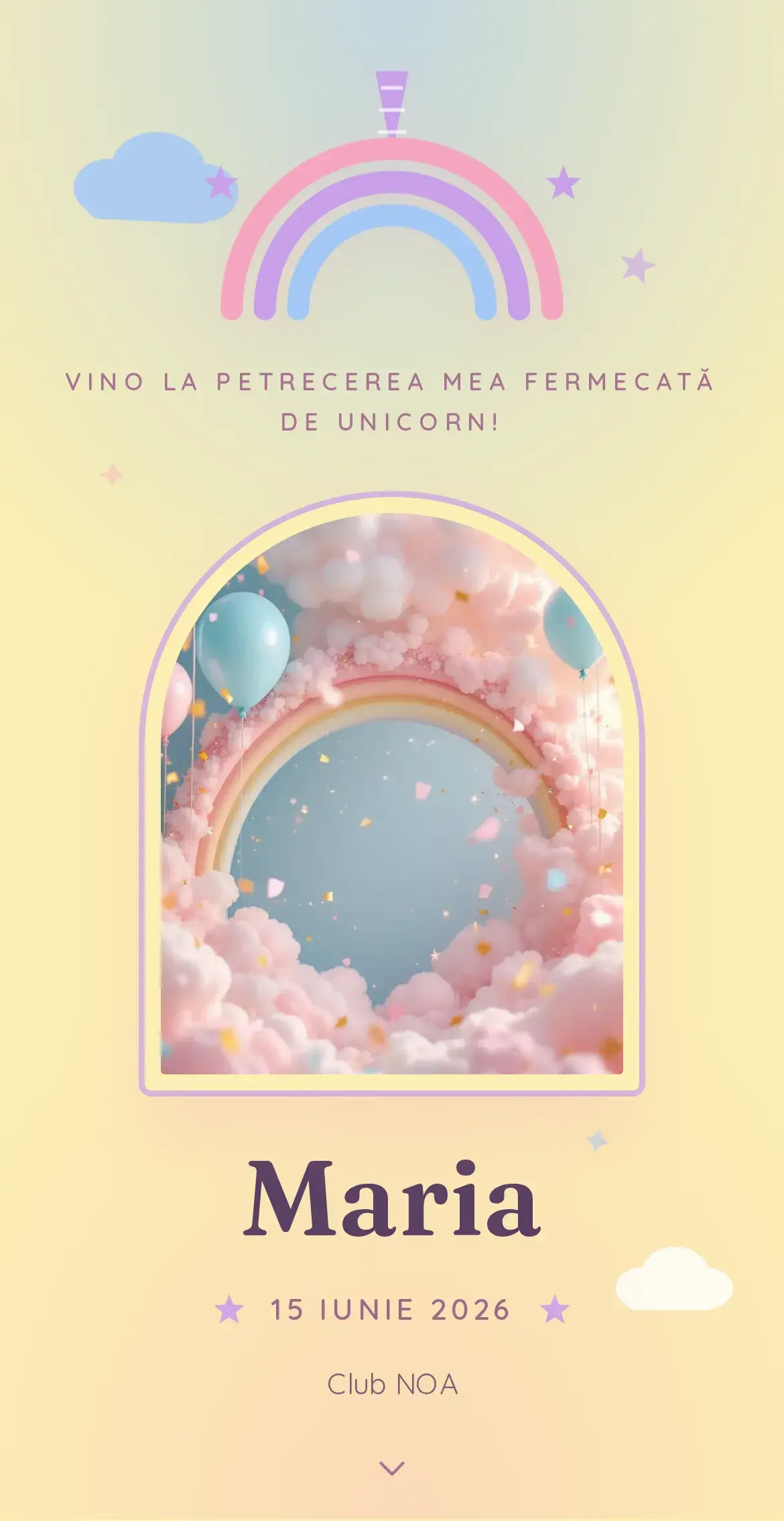 Invitație digitală de aniversare cu temă de unicorn și curcubeu în nuanțe pastelate de roz și albastru