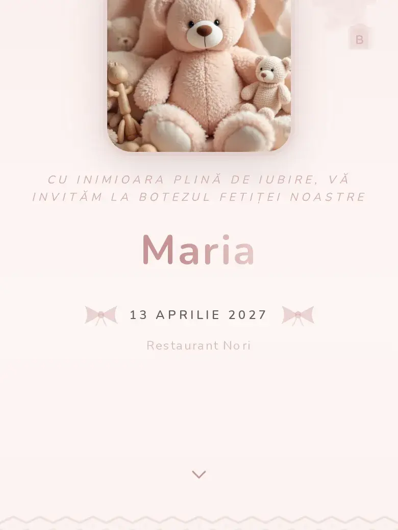 Invitație botez digitală model Ursuleț cu RSVP