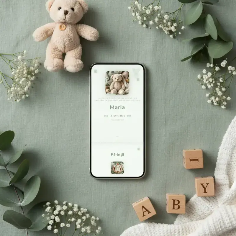 Invitație botez digitală model Ursuleț cu RSVP