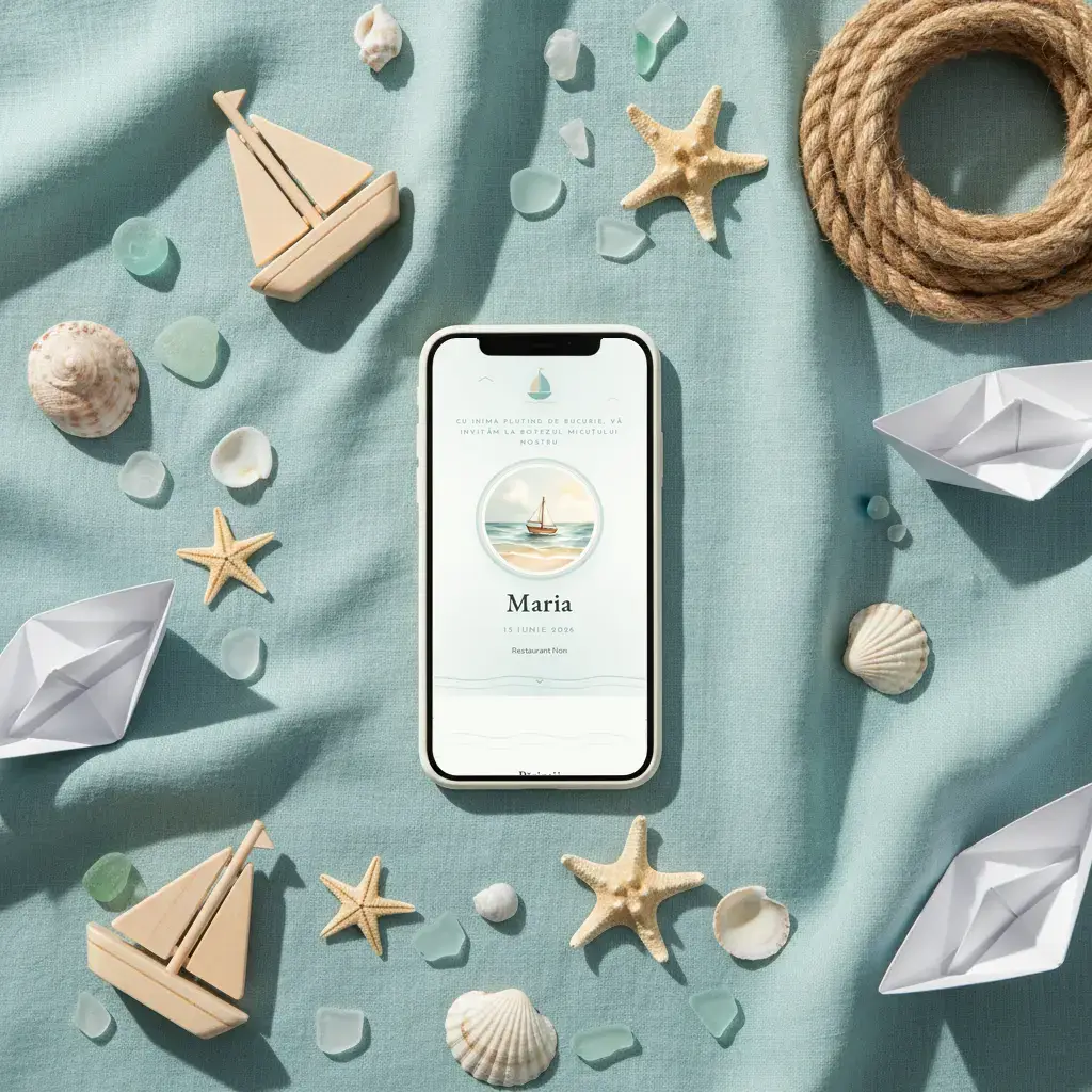 Invitație botez digitală model Vaporaș cu RSVP