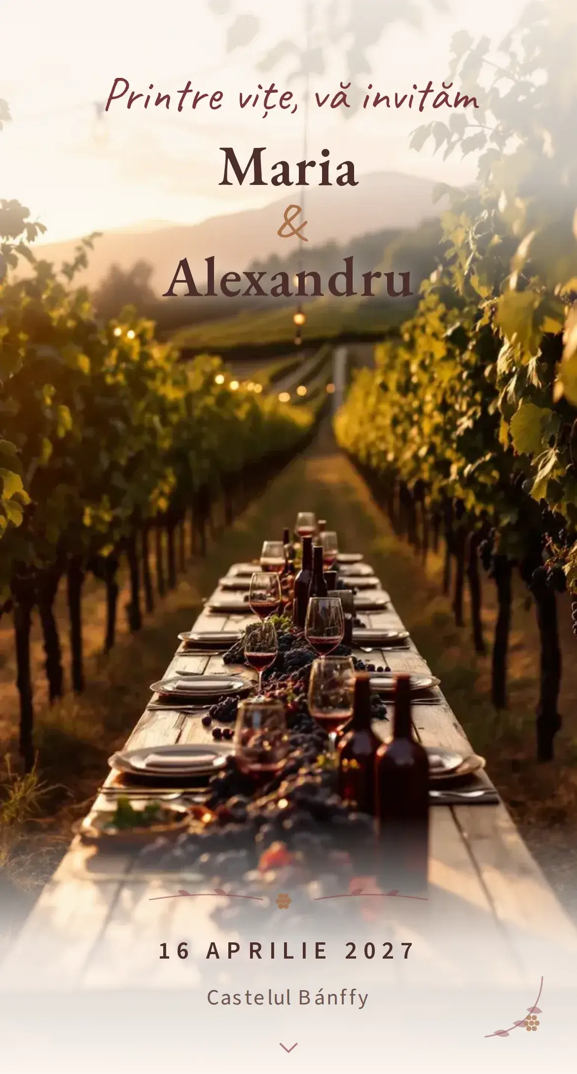 Invitație digitală de nuntă cu tematică de podgorie în nuanțe de vin