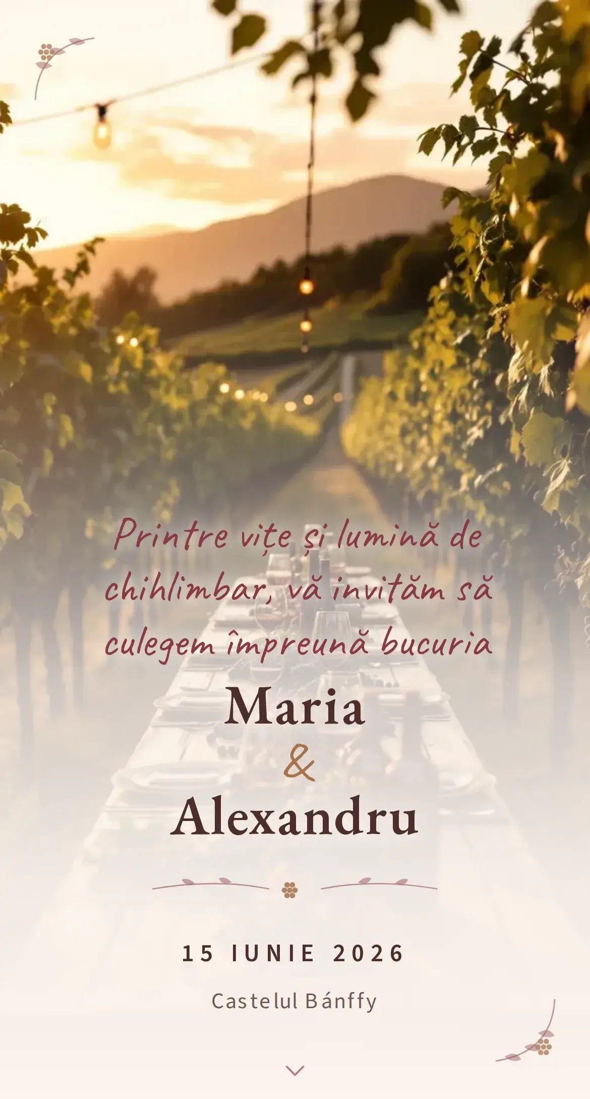 Invitație digitală de nuntă cu tematică de podgorie în nuanțe de vin