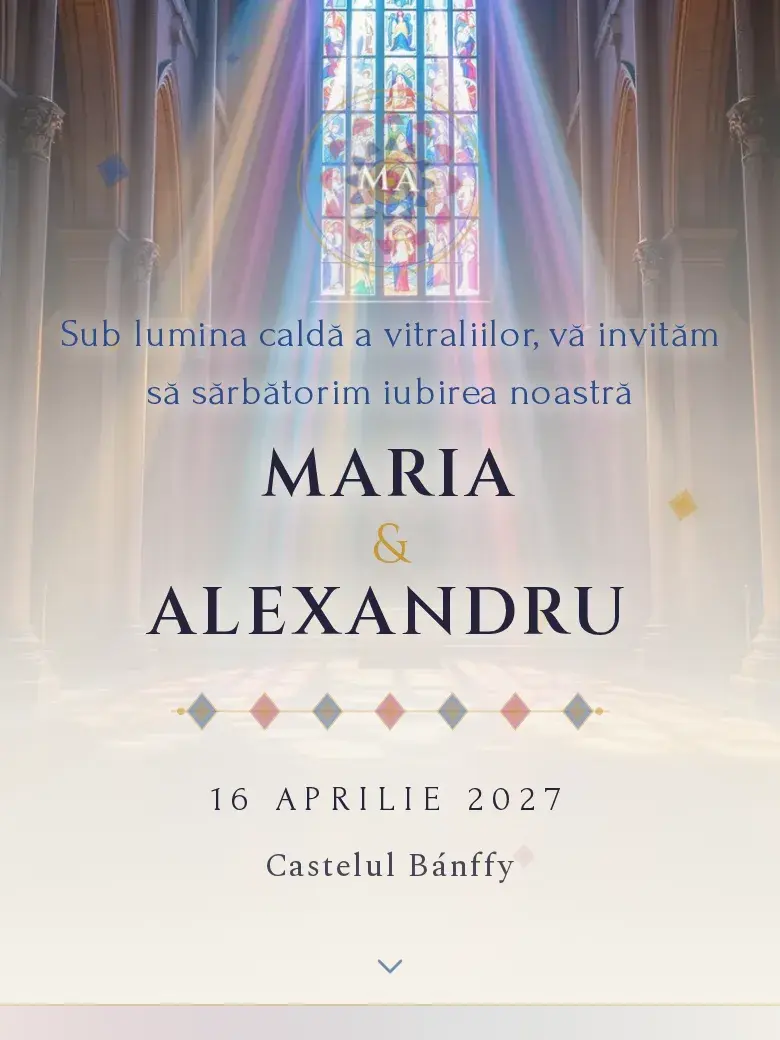 Invitație nuntă digitală model Vitraliu cu RSVP