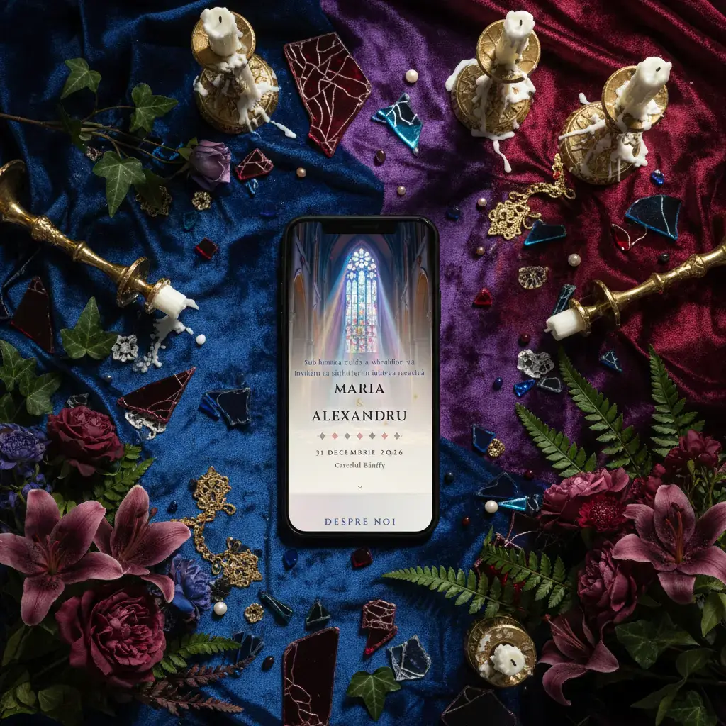 Invitație nuntă digitală model Vitraliu cu RSVP