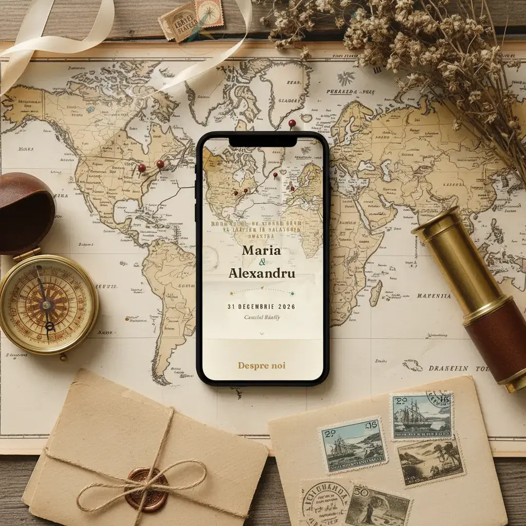 Invitație nuntă digitală model Voiaj cu RSVP