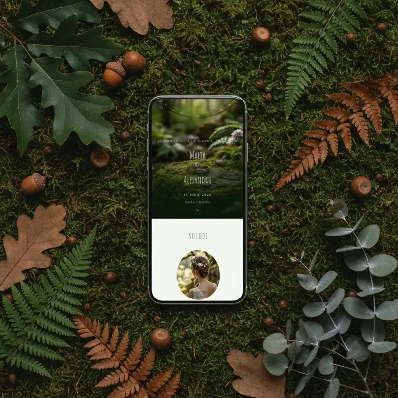 Invitație nuntă digitală model Wildwood cu RSVP