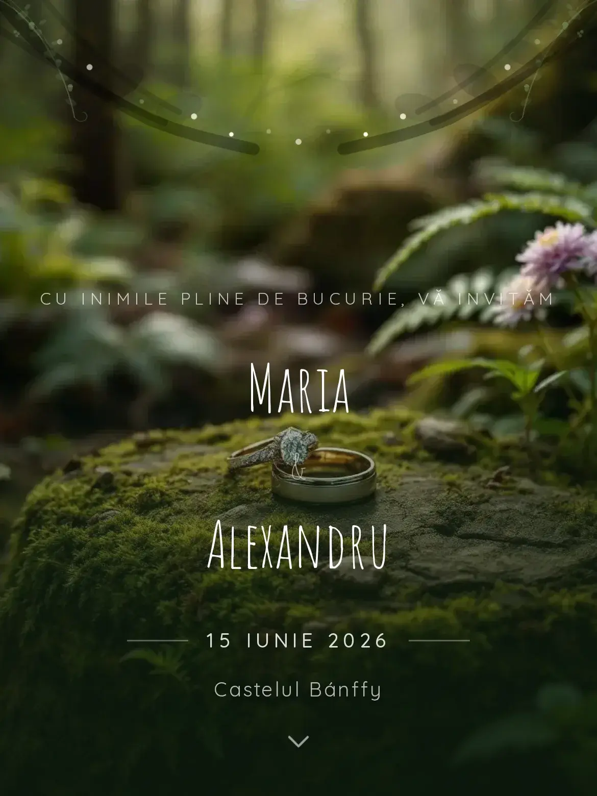 Invitație digitală de nuntă cu pădure sălbatică și verde natural