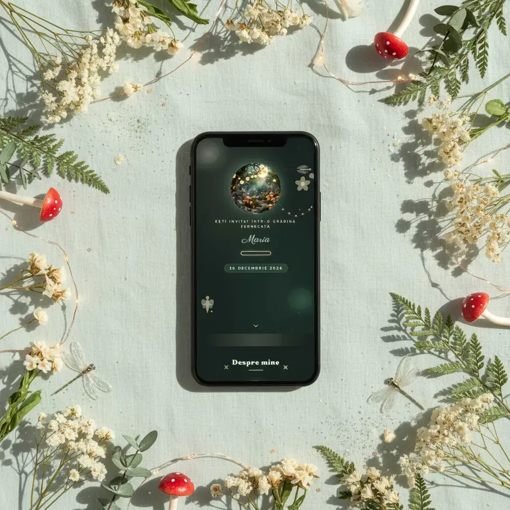 Invitație aniversare digitală model Zâna cu RSVP